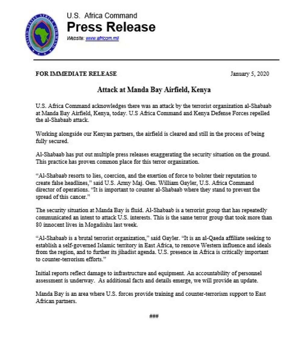 20 01 05 Africom Statement On Shabaab Attack On Manda Bay Airfield