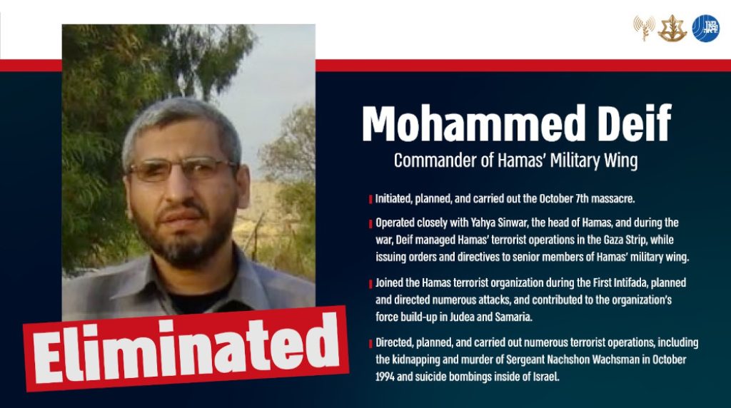 Israel confirms Hamas commander Muhammed Deif killed in airstrike