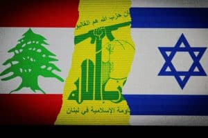 Lebanon, Hezbollah, and Israeli flags